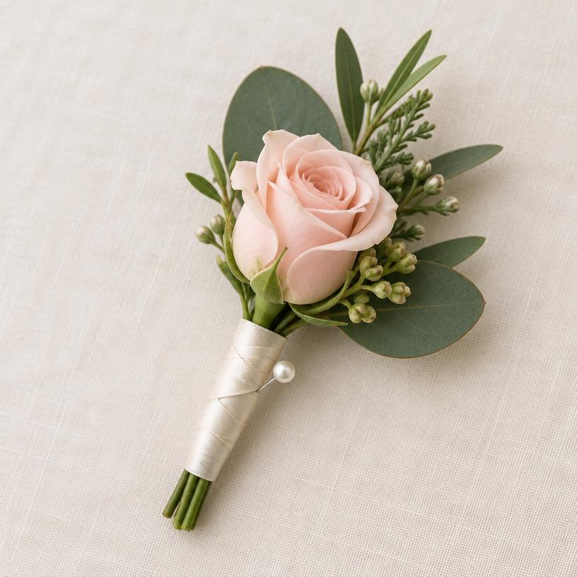 Blush rose boutonnière with satin-wrapped stem